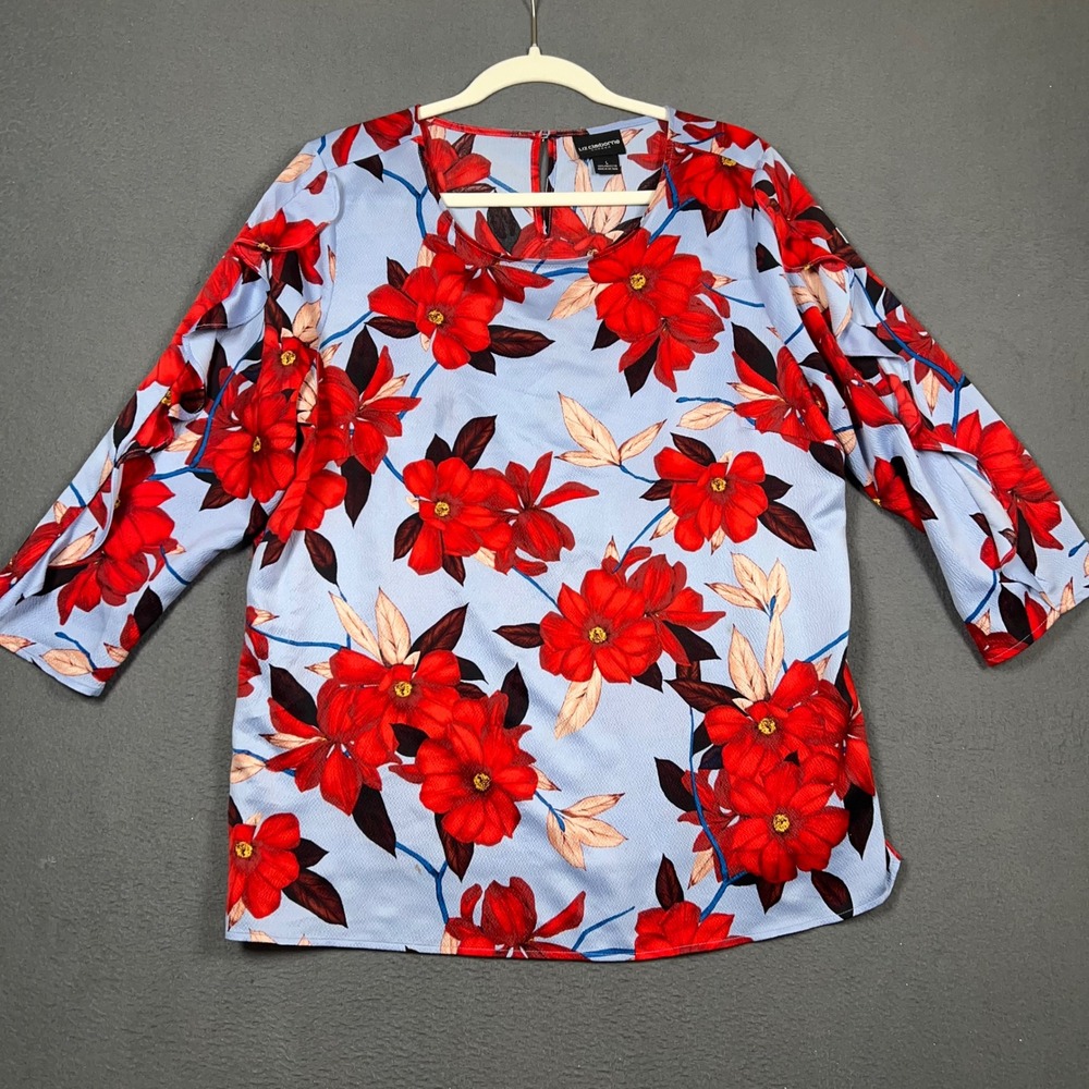 Liz Claiborne Top Womens L Blue Red Floral Career Ruffle Sleeve Blouse